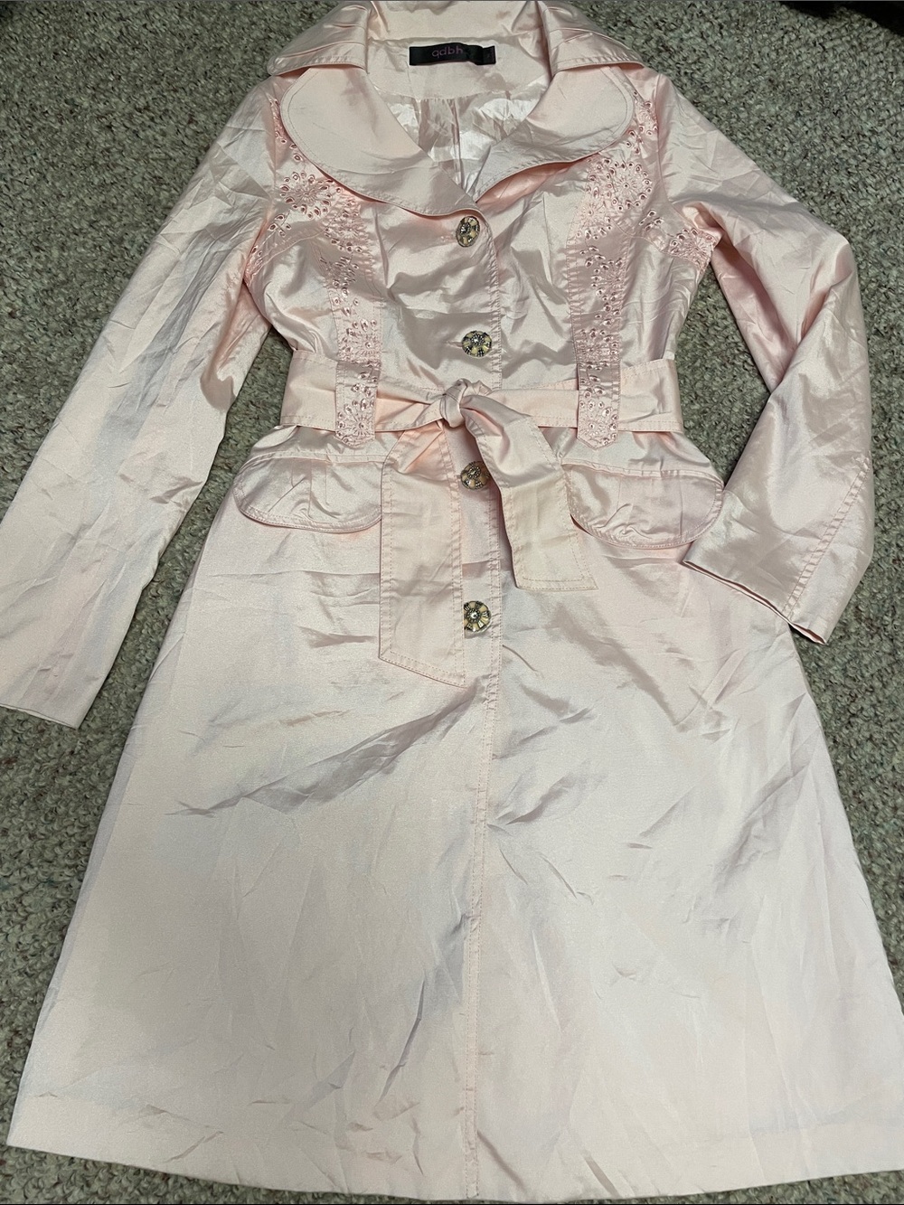 Satiny Pink embroidered accent Women's Trench Coat fancy buttons &Tie Belt